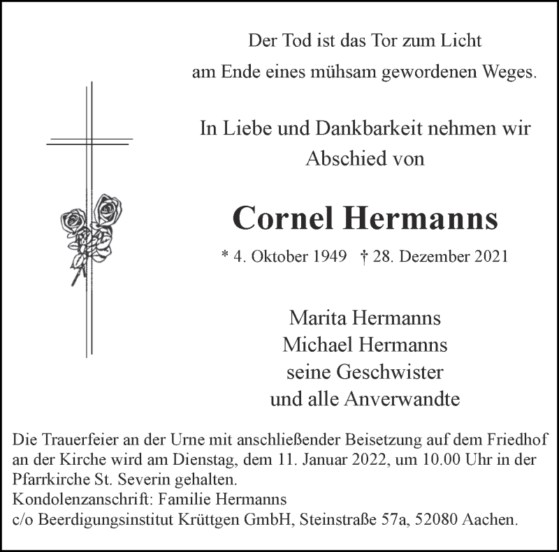  Traueranzeige für Cornel Hermanns vom 08.01.2022 aus Aachener Zeitung / Aachener Nachrichten
