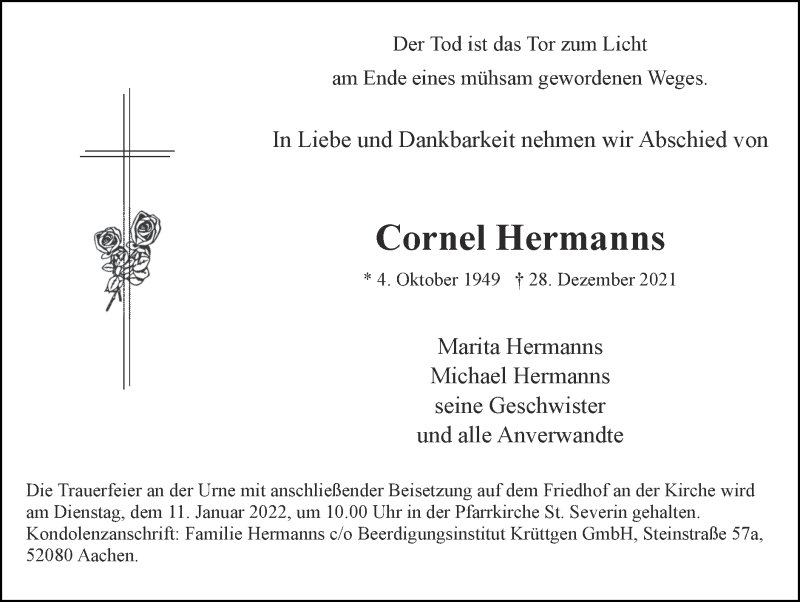  Traueranzeige für Cornel Hermanns vom 09.01.2022 aus Zeitung am Sonntag