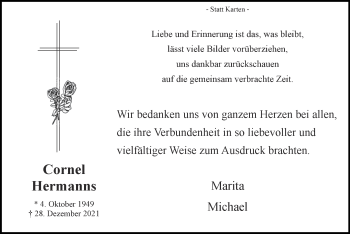 Traueranzeige von Cornel Hermanns von Zeitung am Sonntag