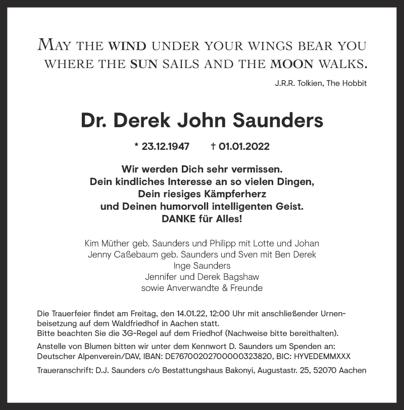  Traueranzeige für Derek John Saunders vom 08.01.2022 aus Aachener Zeitung / Aachener Nachrichten