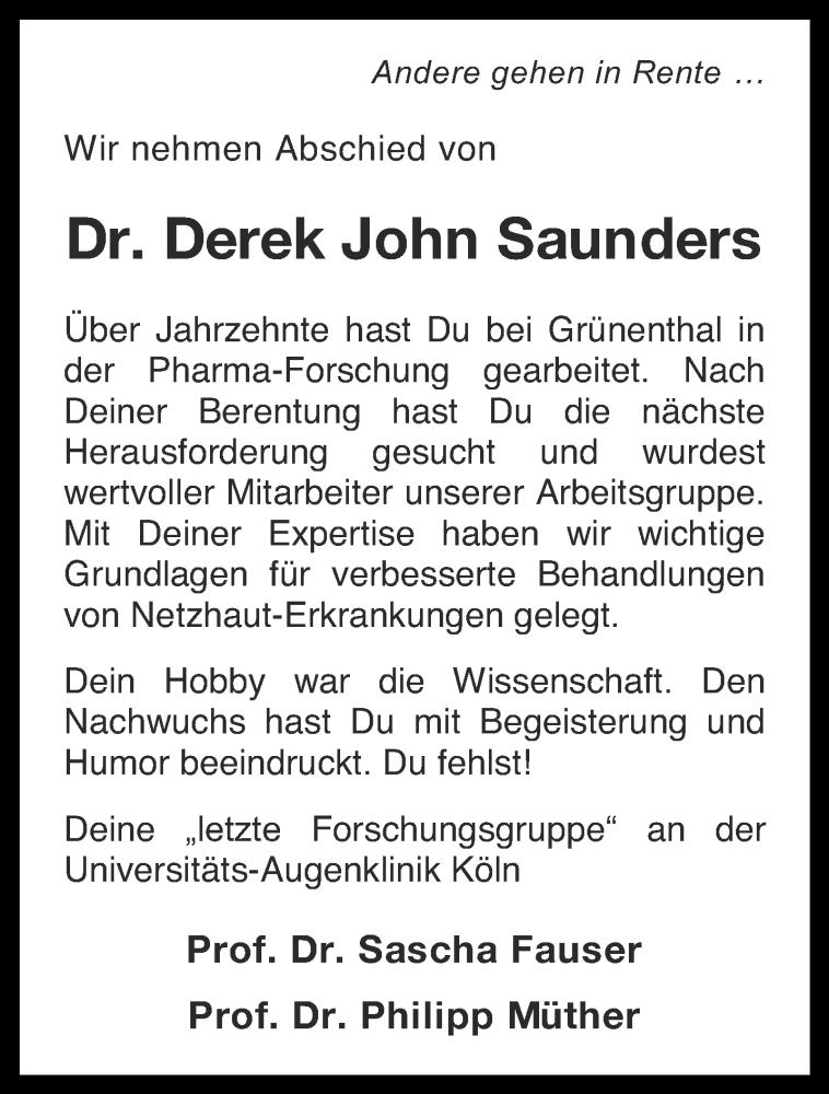  Traueranzeige für Derek John Saunders vom 08.01.2022 aus Aachener Zeitung / Aachener Nachrichten