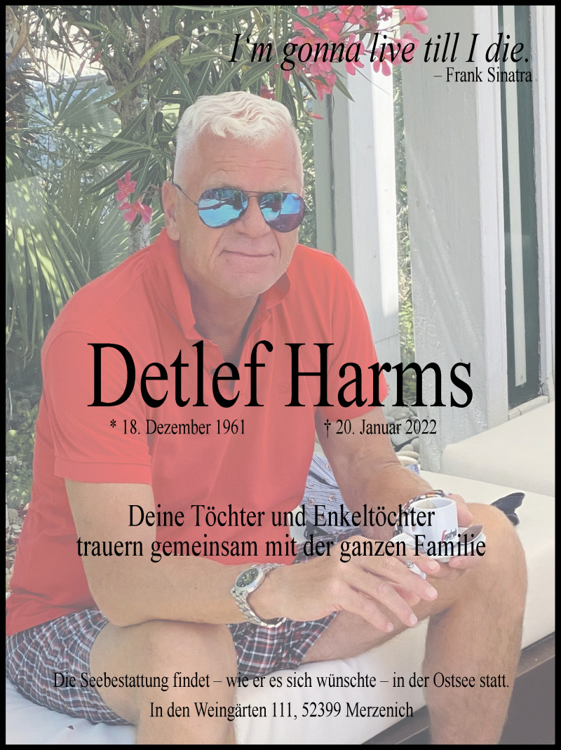  Traueranzeige für Detlef Harms vom 29.01.2022 aus Aachener Zeitung / Aachener Nachrichten