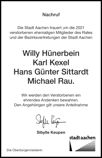 Traueranzeige von Die Stadt Aachen trauert um die 2021 verstorbenen ehemaligen Mitglieder des Rates und der Bezirksvertretungen der Stadt Aachen  von Aachener Zeitung / Aachener Nachrichten