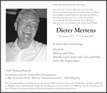 Traueranzeige von Dieter Mertens von Zeitung am Sonntag