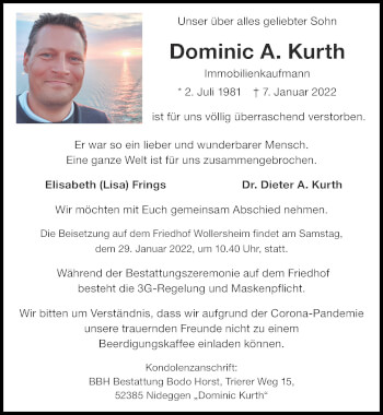 Traueranzeige von Dominic A. Kurth von Zeitung am Sonntag