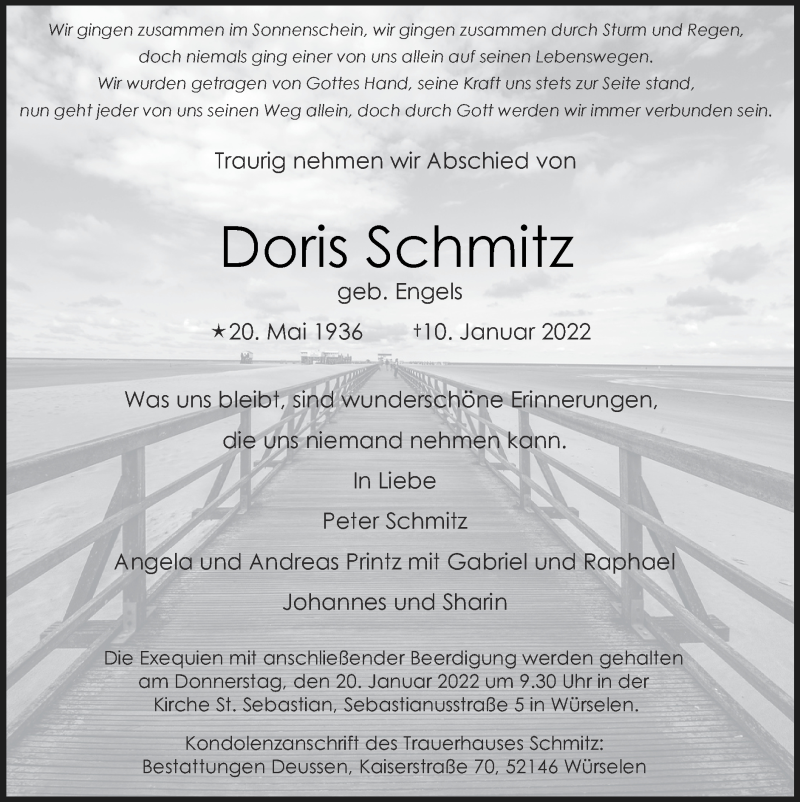  Traueranzeige für Doris Schmitz vom 16.01.2022 aus Zeitung am Sonntag