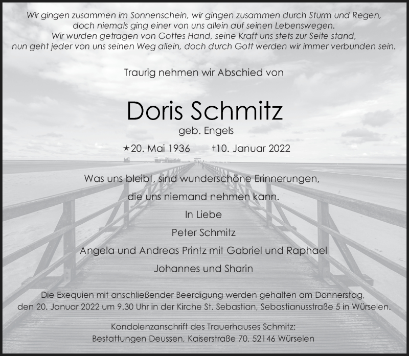  Traueranzeige für Doris Schmitz vom 15.01.2022 aus Aachener Zeitung / Aachener Nachrichten