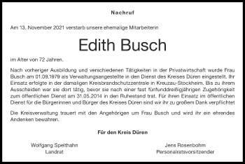 Traueranzeige von Edith Busch von Zeitung am Sonntag