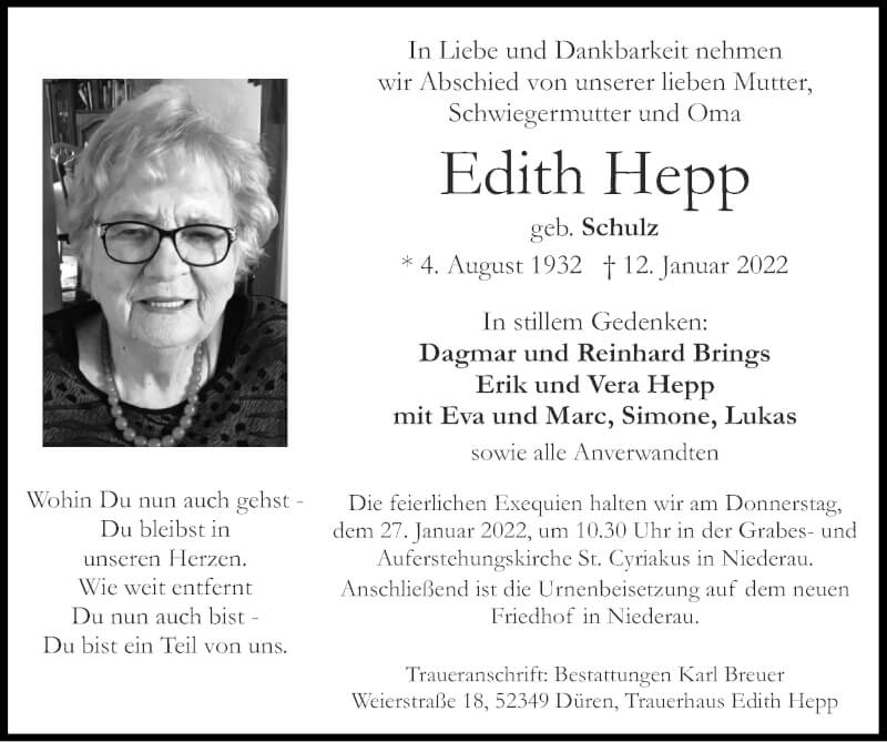  Traueranzeige für Edith Hepp vom 23.01.2022 aus Zeitung am Sonntag