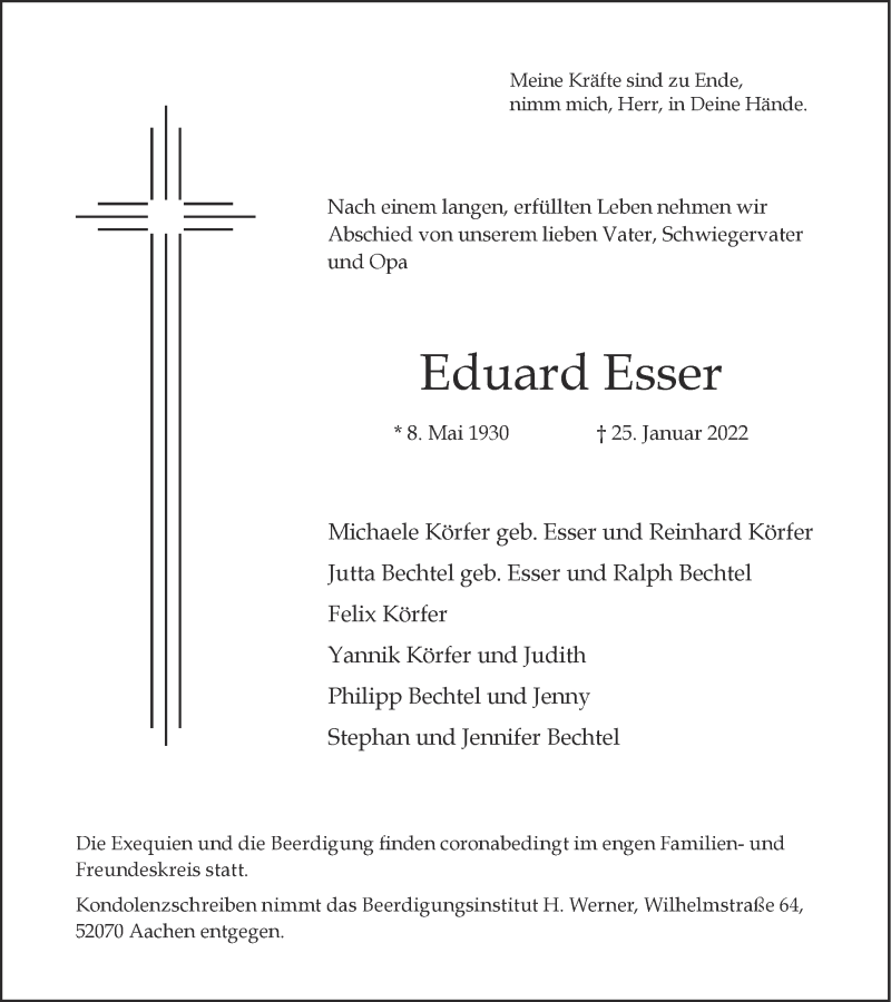  Traueranzeige für Eduard Esser vom 29.01.2022 aus Aachener Zeitung / Aachener Nachrichten