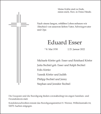Traueranzeige von Eduard Esser von Aachener Zeitung / Aachener Nachrichten