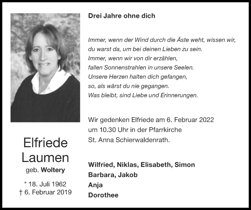  Traueranzeige für Elfriede Laumen vom 30.01.2022 aus Zeitung am Sonntag