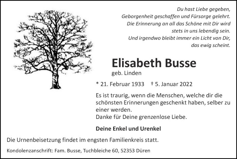  Traueranzeige für Elisabeth Busse vom 09.01.2022 aus Zeitung am Sonntag