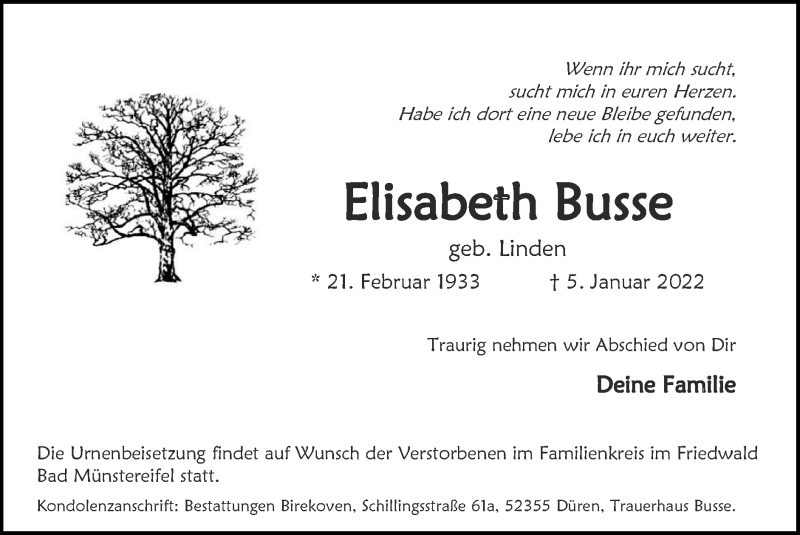  Traueranzeige für Elisabeth Busse vom 16.01.2022 aus Zeitung am Sonntag