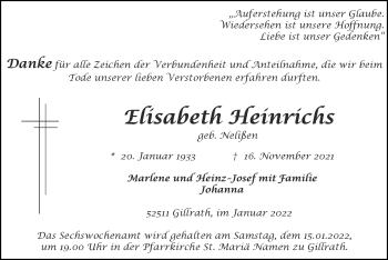 Traueranzeige von Elisabeth Heinrichs von Zeitung am Sonntag