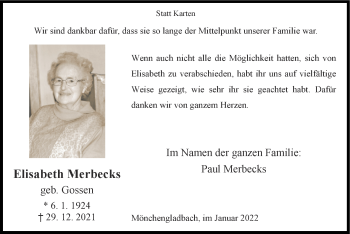 Traueranzeige von Elisabeth Merbecks von Zeitung am Sonntag