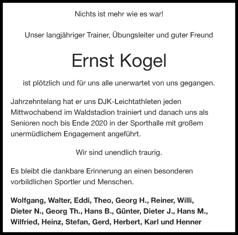  Traueranzeige für Ernst Kogel vom 08.01.2022 aus Aachener Zeitung / Aachener Nachrichten