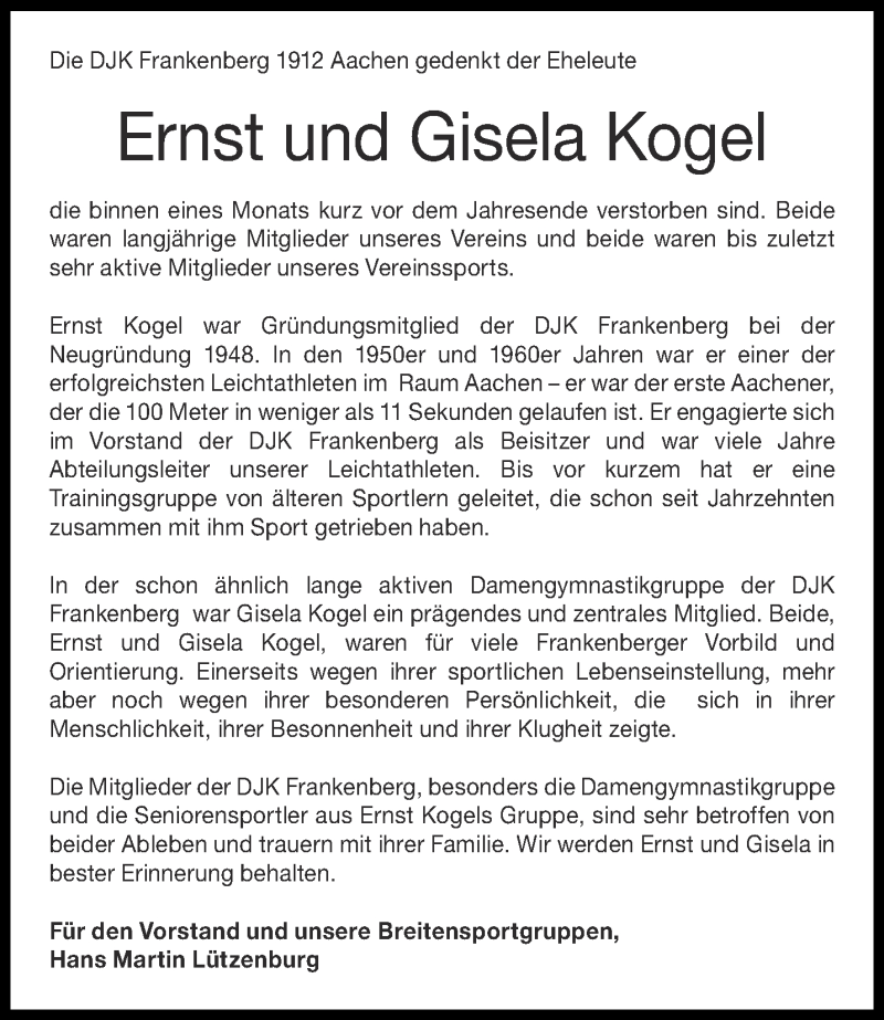  Traueranzeige für Ernst Kogel vom 08.01.2022 aus Aachener Zeitung / Aachener Nachrichten