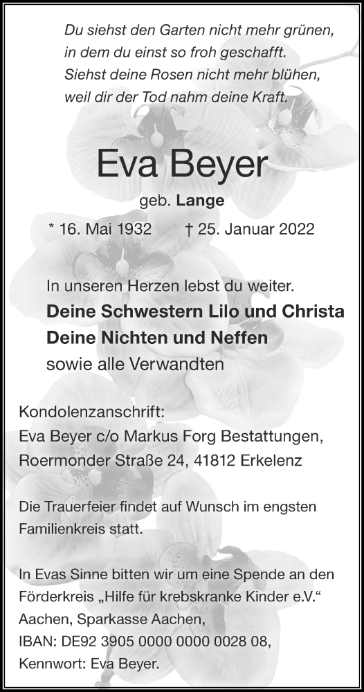  Traueranzeige für Eva Beyer vom 30.01.2022 aus Zeitung am Sonntag
