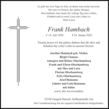 Traueranzeige von Frank Hambach von Zeitung am Sonntag