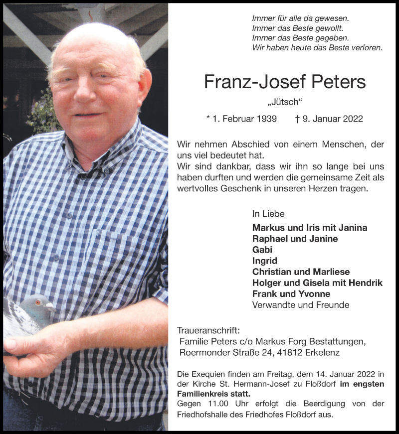  Traueranzeige für Franz-Josef Peters vom 12.01.2022 aus Aachener Zeitung / Aachener Nachrichten
