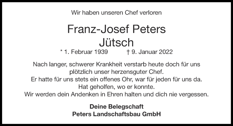  Traueranzeige für Franz-Josef Peters vom 16.01.2022 aus Zeitung am Sonntag