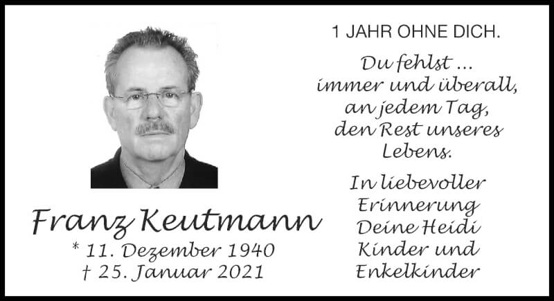 Traueranzeige für Franz Keutmann vom 23.01.2022 aus Zeitung am Sonntag