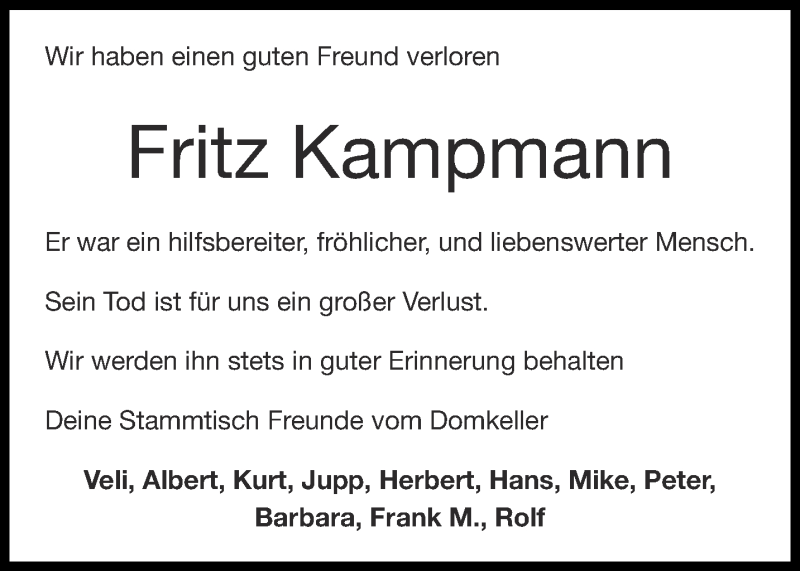  Traueranzeige für Fritz Kampmann vom 29.01.2022 aus Aachener Zeitung / Aachener Nachrichten