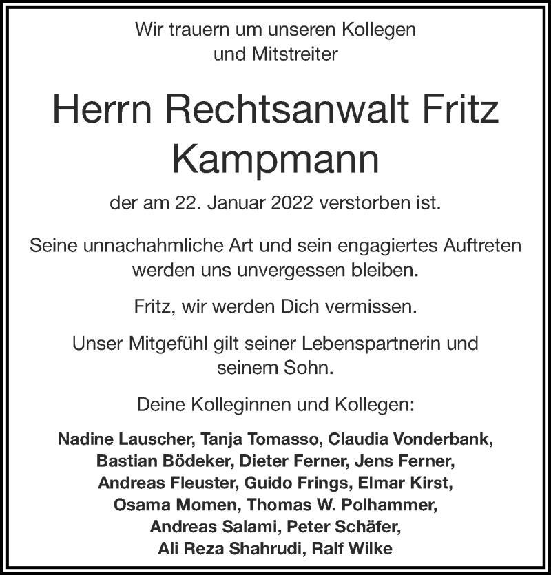 Traueranzeige für Fritz Kampmann vom 29.01.2022 aus Aachener Zeitung / Aachener Nachrichten