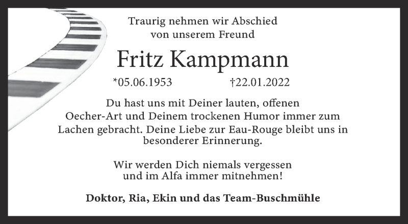  Traueranzeige für Fritz Kampmann vom 29.01.2022 aus Aachener Zeitung / Aachener Nachrichten