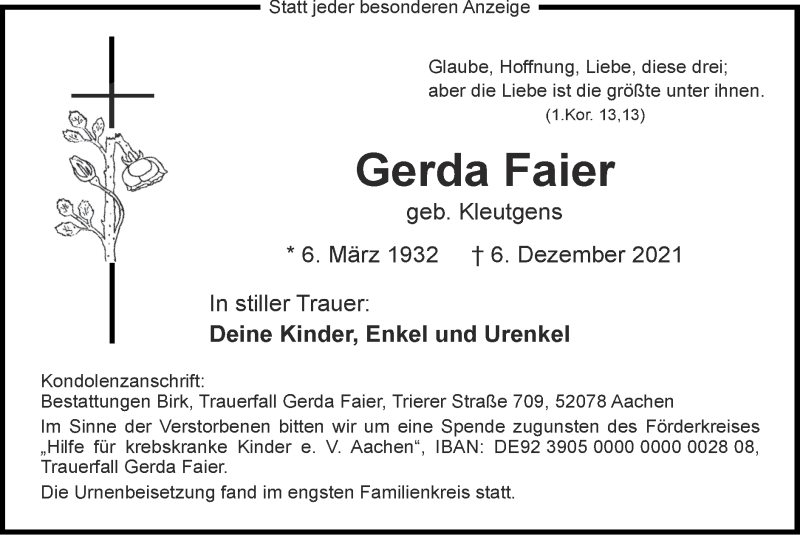  Traueranzeige für Gerda Faier vom 16.01.2022 aus Zeitung am Sonntag