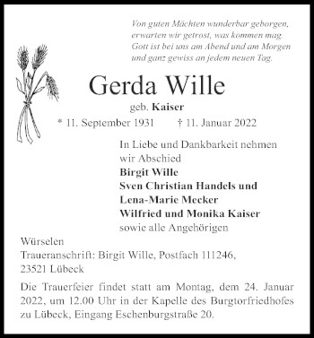 Traueranzeige von Gerda Wille von Zeitung am Sonntag