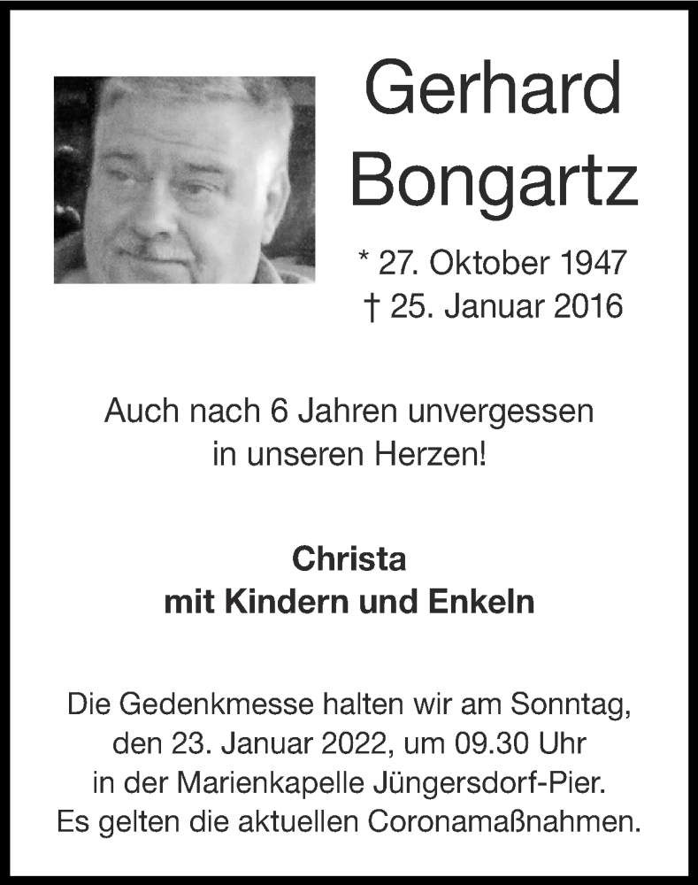  Traueranzeige für Gerhard Bongartz vom 16.01.2022 aus Zeitung am Sonntag