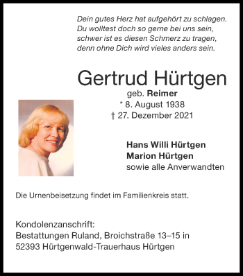 Traueranzeige von Gertrud Hürtgen von Zeitung am Sonntag