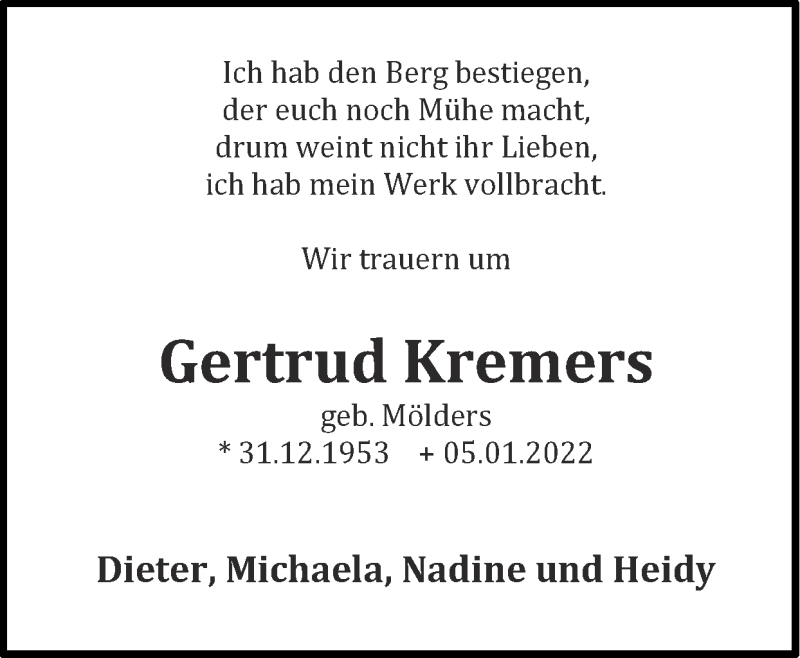  Traueranzeige für Gertrud Kremers vom 09.01.2022 aus Zeitung am Sonntag