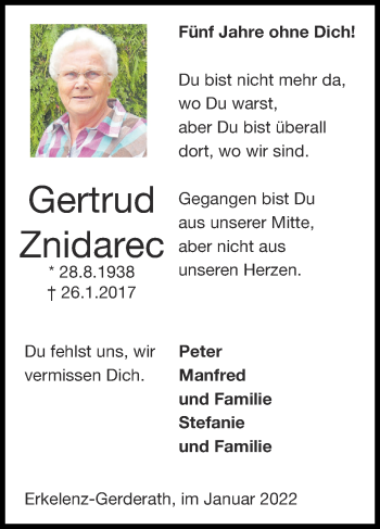 Traueranzeige von Gertrud Znidarec von Zeitung am Sonntag
