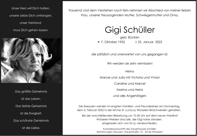  Traueranzeige für Gigi Schüller vom 29.01.2022 aus Aachener Zeitung / Aachener Nachrichten