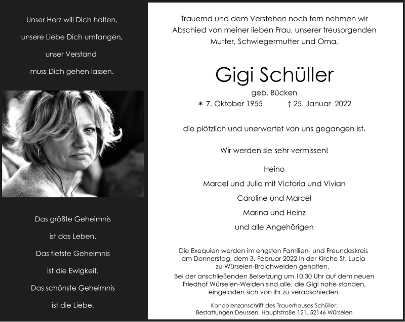  Traueranzeige für Gigi Schüller vom 30.01.2022 aus Zeitung am Sonntag