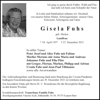 Traueranzeige von Gisela Fuhs von Zeitung am Sonntag