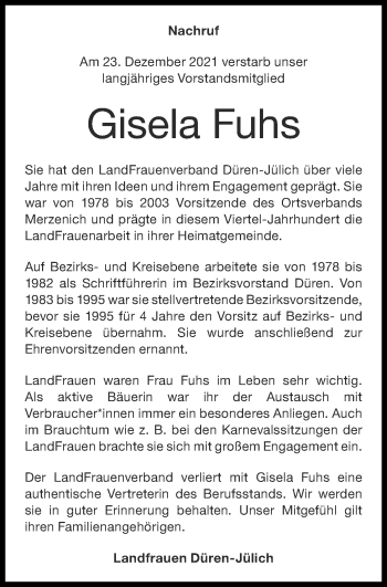 Traueranzeige von Gisela Fuhs von Zeitung am Sonntag