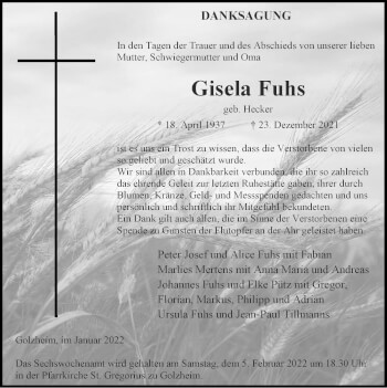Traueranzeige von Gisela Fuhs von Zeitung am Sonntag