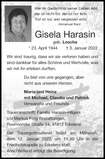 Traueranzeige von Gisela Harasin von Zeitung am Sonntag