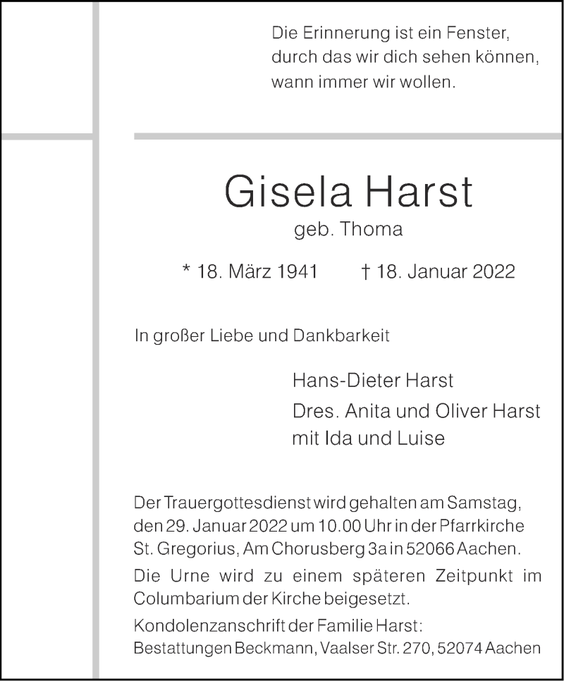  Traueranzeige für Gisela Harst vom 22.01.2022 aus Aachener Zeitung / Aachener Nachrichten