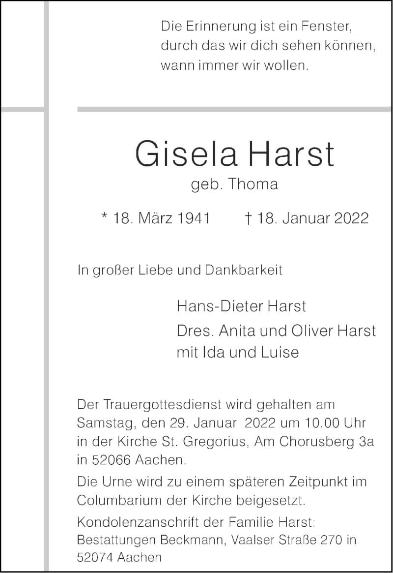  Traueranzeige für Gisela Harst vom 23.01.2022 aus Zeitung am Sonntag