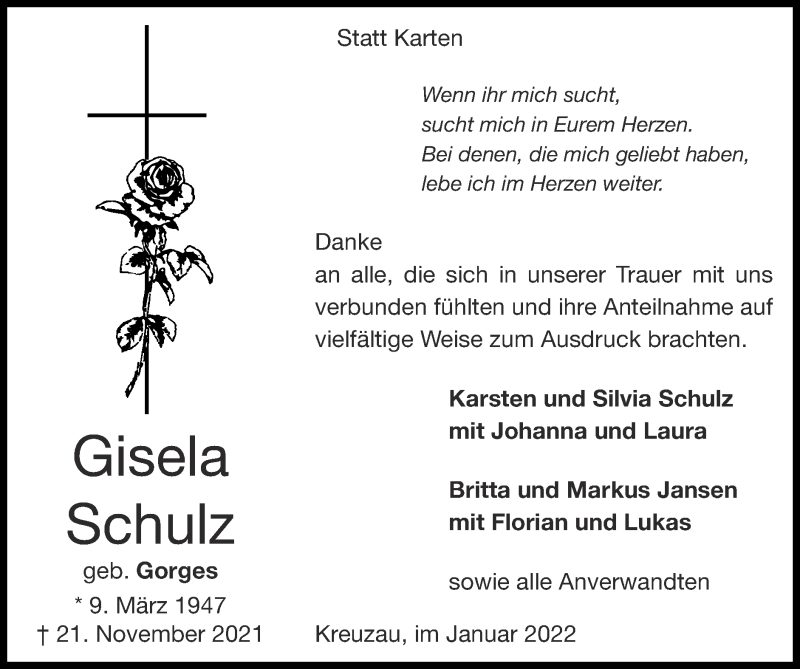  Traueranzeige für Gisela Schulz vom 09.01.2022 aus Zeitung am Sonntag