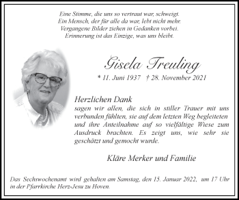 Traueranzeige von Gisela Treuling von Zeitung am Sonntag
