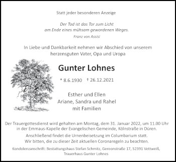 Traueranzeige von Gunter Lohnes von Zeitung am Sonntag