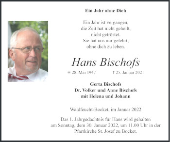Traueranzeige von Hans Bischofs von Zeitung am Sonntag