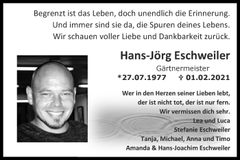 Traueranzeige von Hans-Jörg Eschweiler von Zeitung am Sonntag