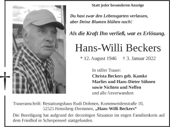 Traueranzeige von Hans-Willi Beckers von Zeitung am Sonntag